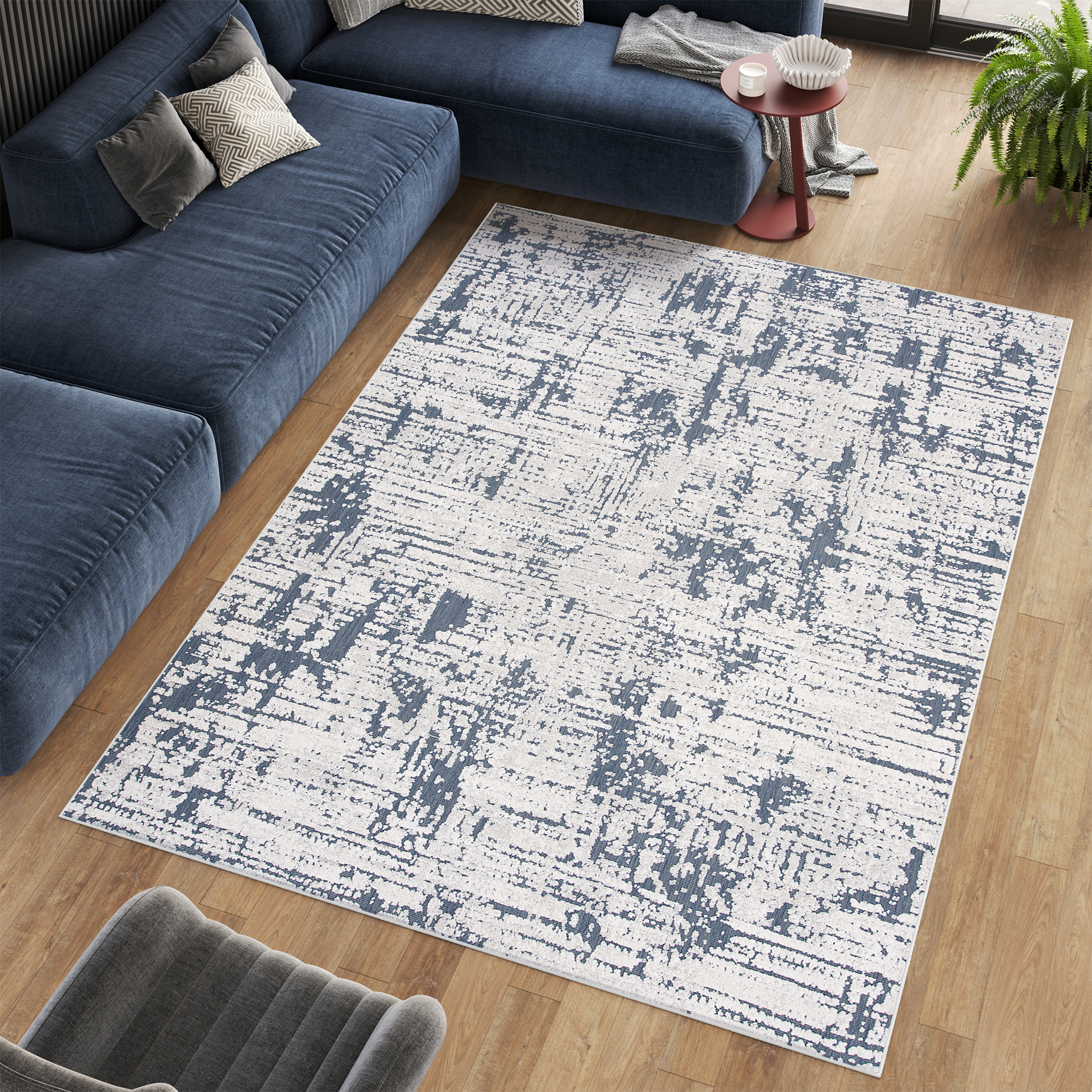 Tappeto Lotus Vintage Puntinato Blu Avorio Astratto Pelo Corto