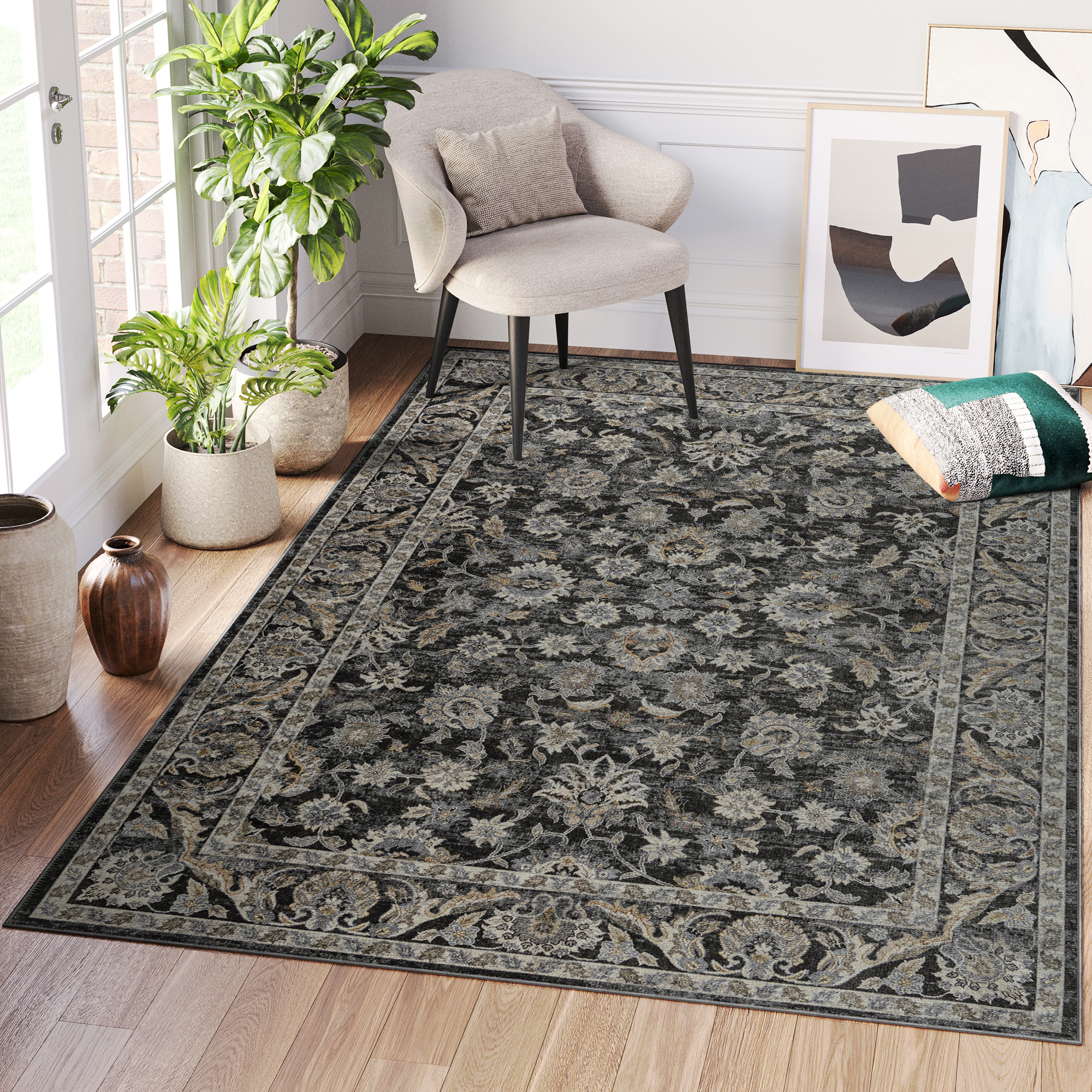 Tappeto Ritz Nero Grigio Floreale Ornamenti