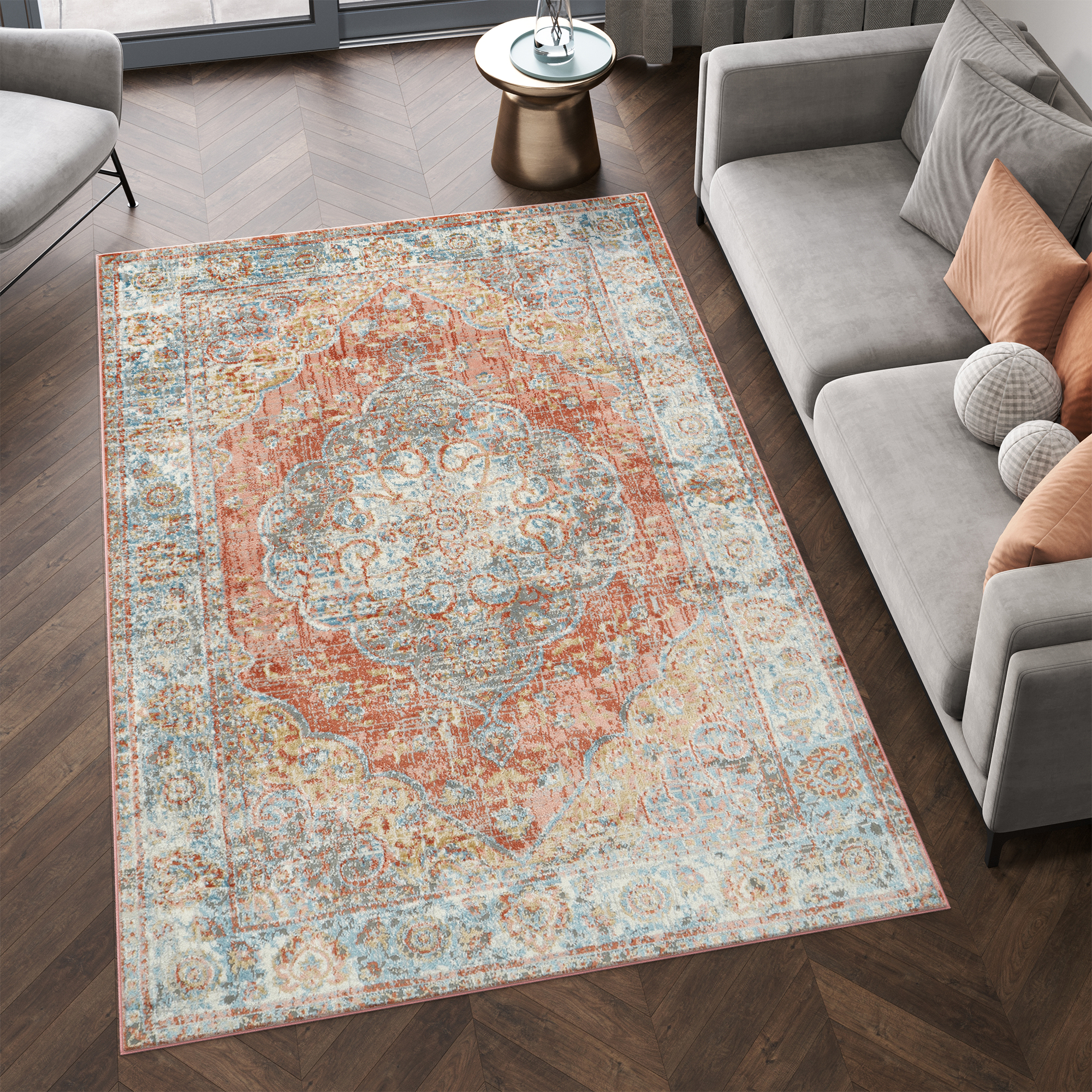 Tappeto Retro Rame Blu con Rosetta Vintage