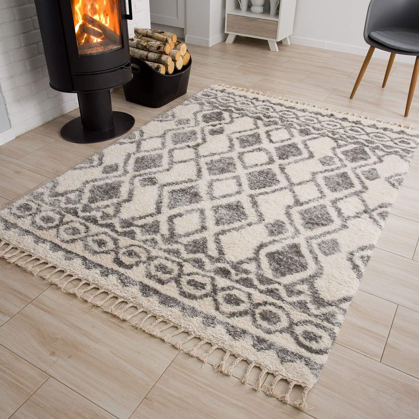 Tappeto Versay Crema Grigio Etnico con Frange