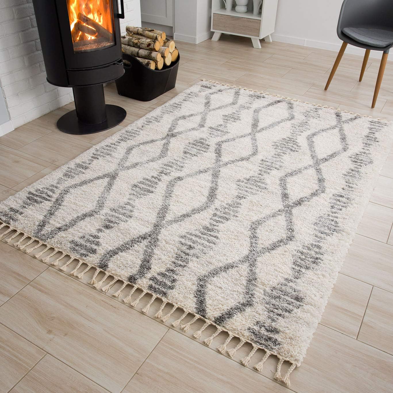 Tappeto Versay Crema Grigio Azteco con Frange