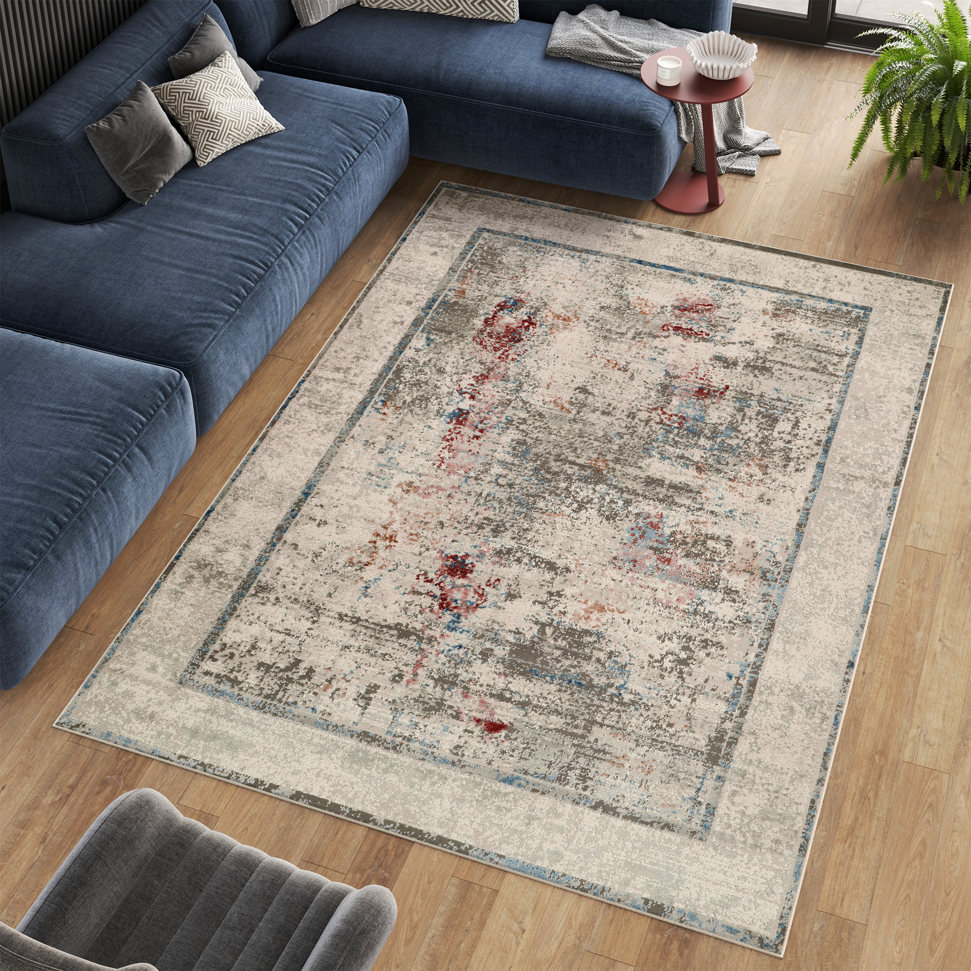 Tappeto Retro Grigio Rame Blu Telaio Moderno