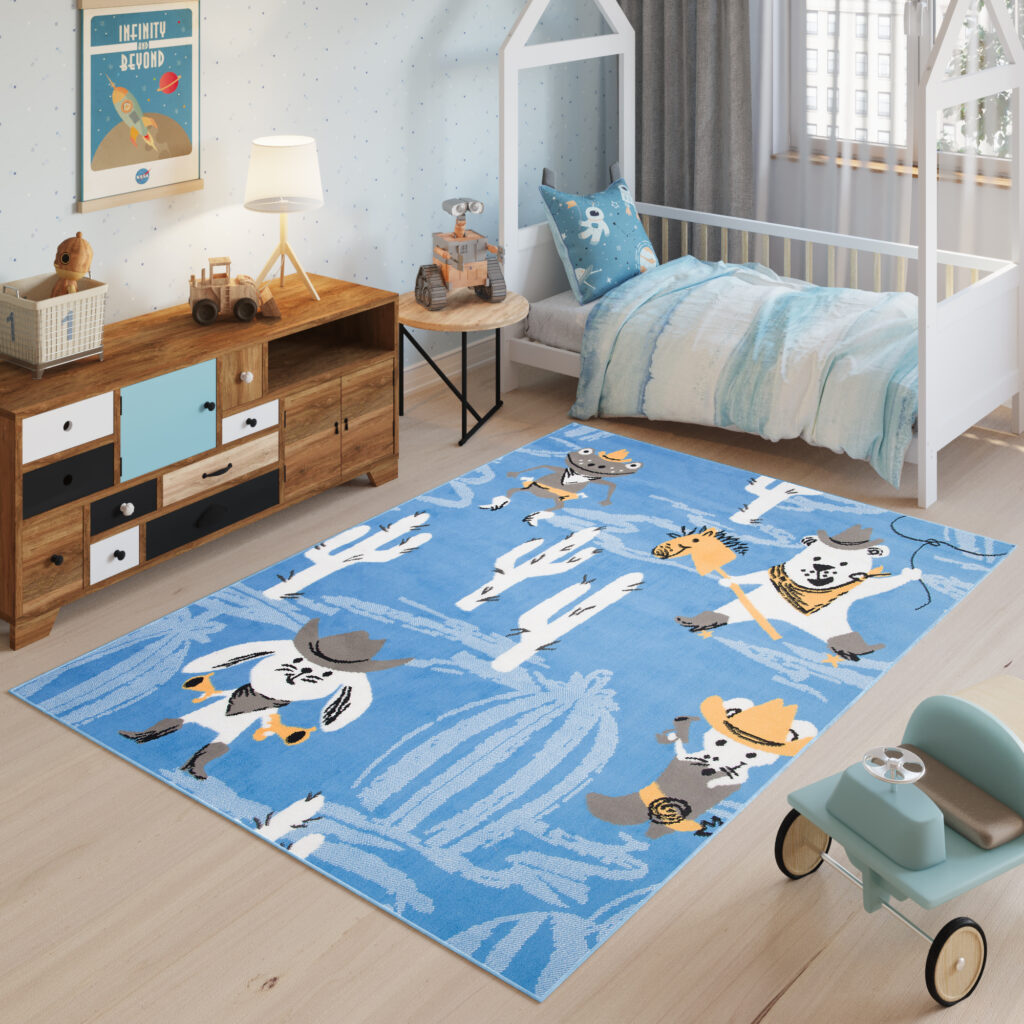Tappeto Jolly Bambini Cameretta Animali Blu A Pelo Corto