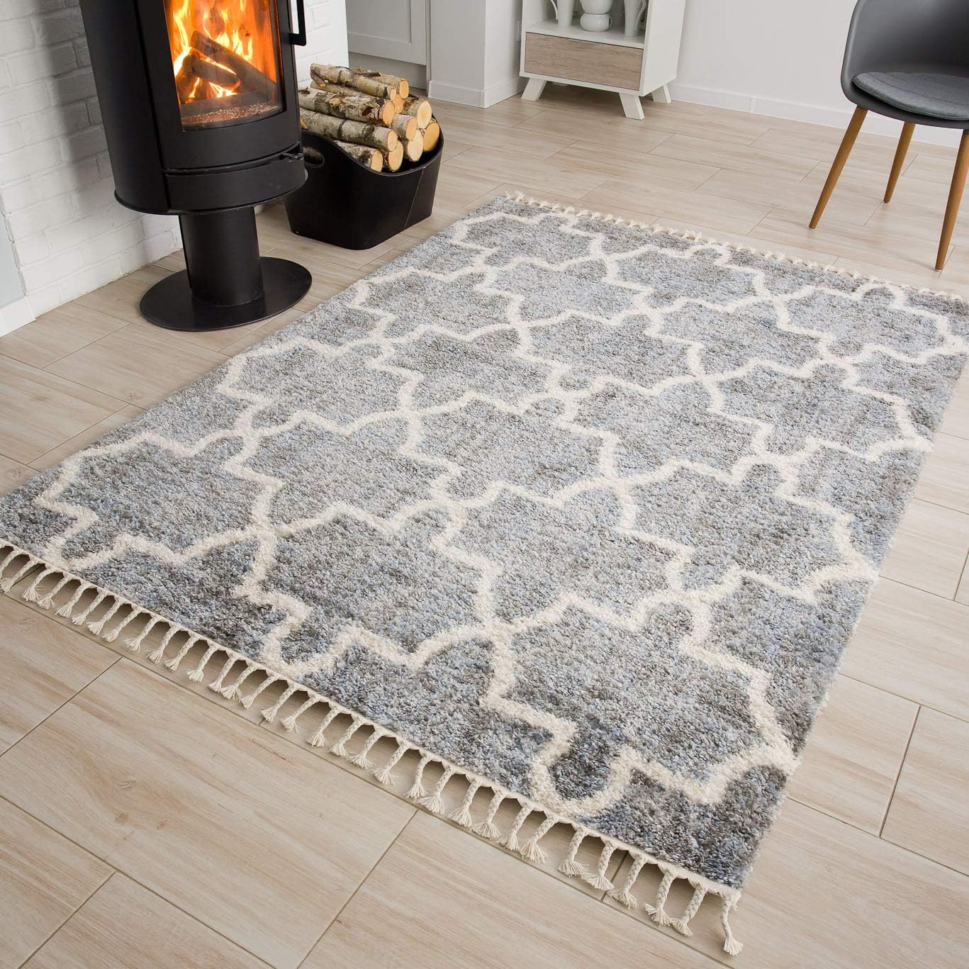 Tappeto Versay Grigio Scuro Crema Trellis con Frange