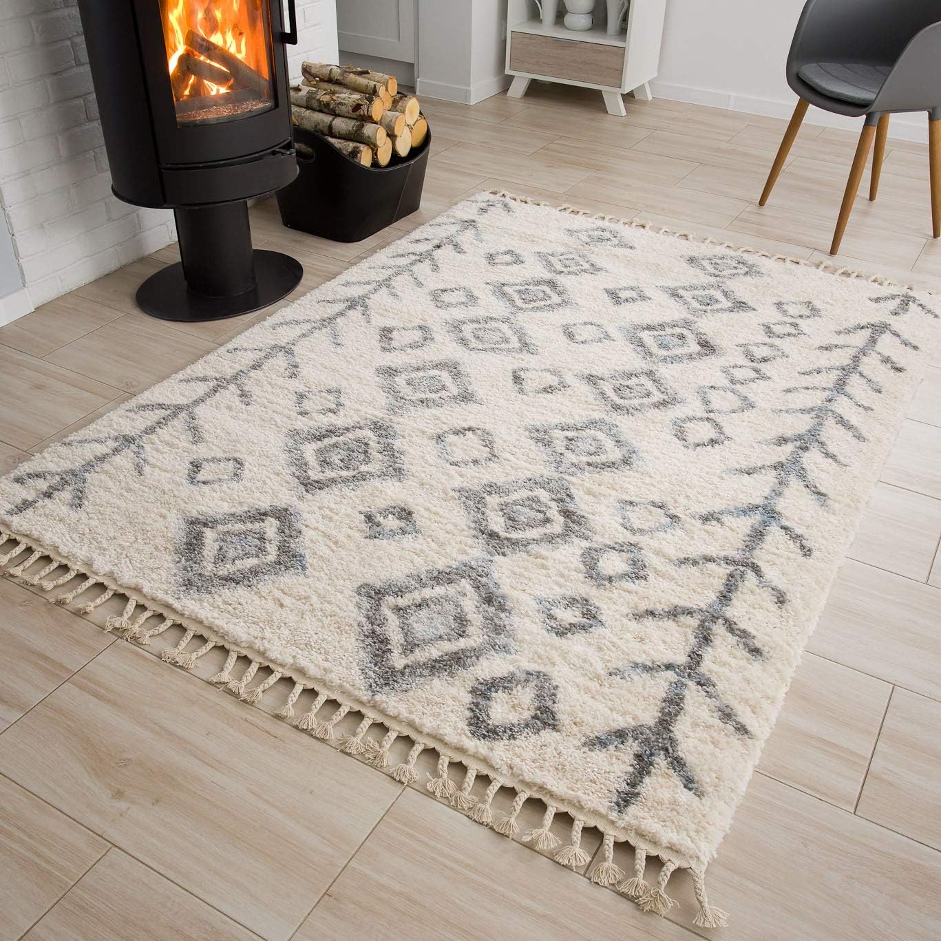 Tappeto Versay Crema Grigio Rombi con Frange