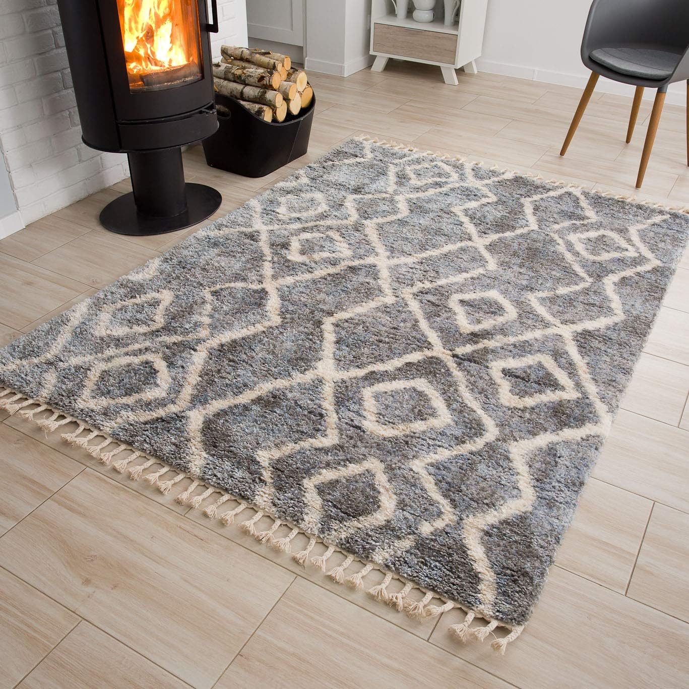 Tappeto Versay Grigio Scuro Crema a Zigzag con Frange