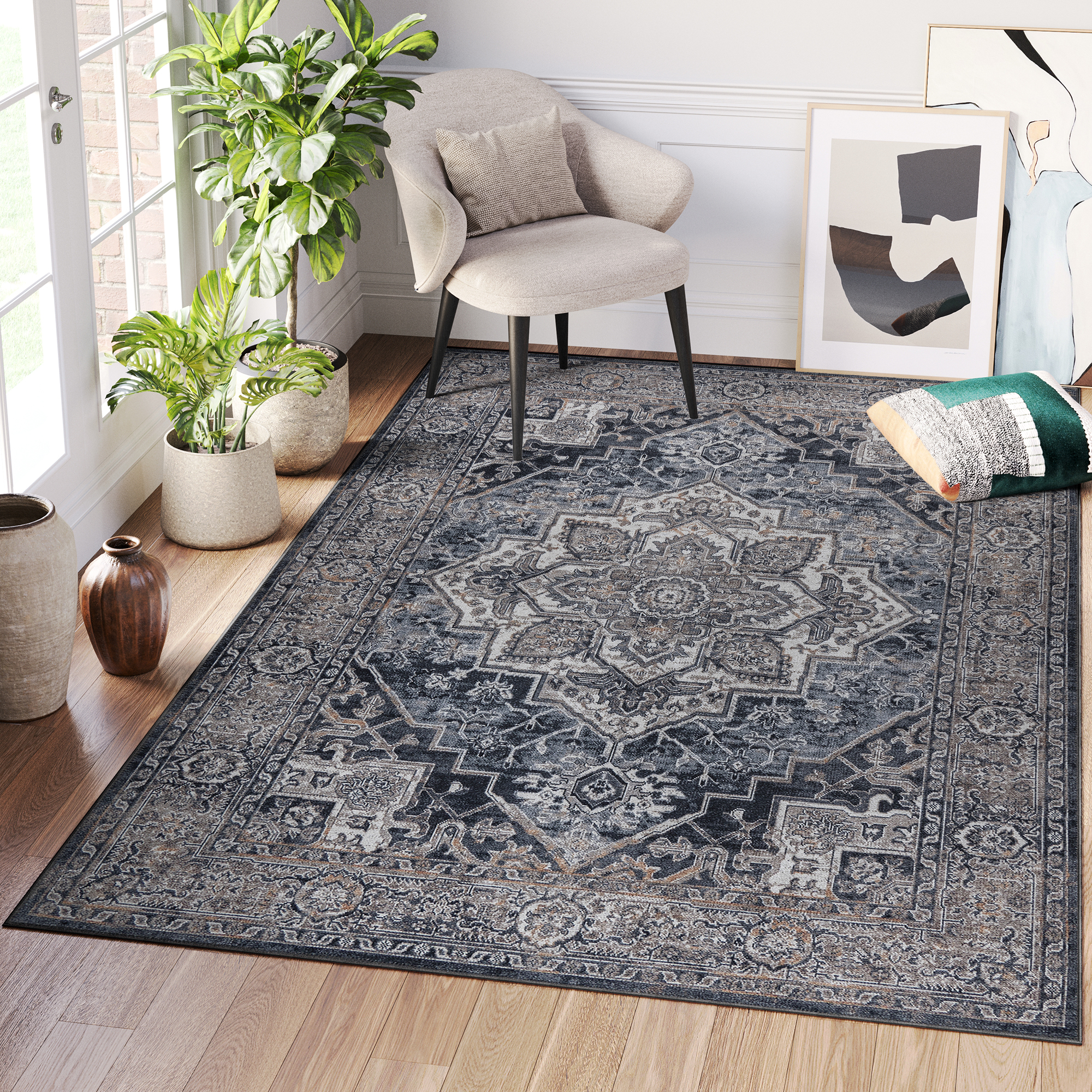 Tappeto Ritz Blu Navy Grigio Vintage Rosetta