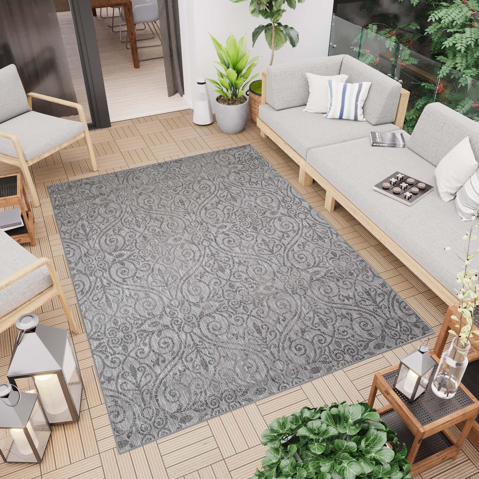 Tappeto Capri Moderno Design Grigio Floreale Esterno Interno