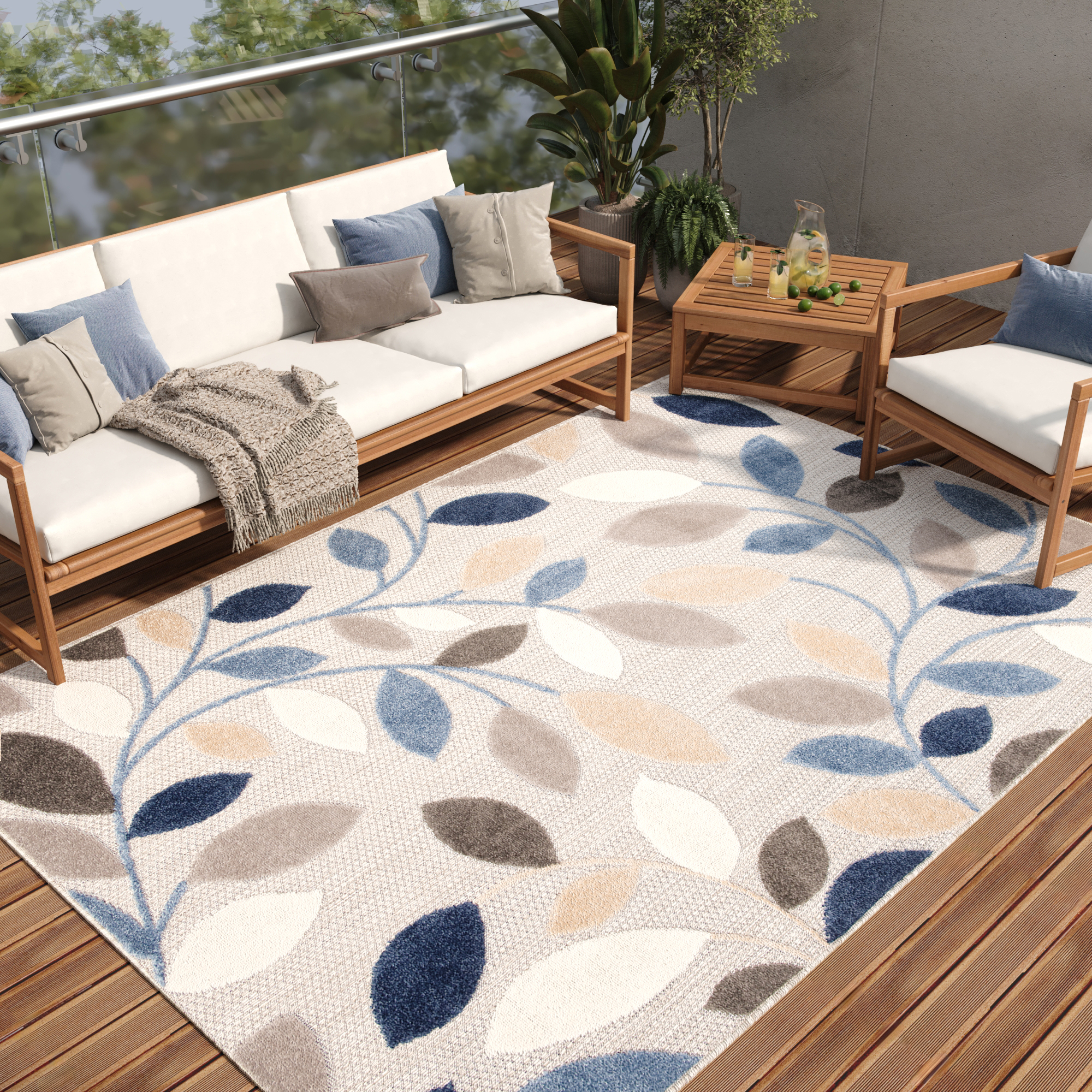 Tappeto Esterno Patio Grigio Blu Foglie