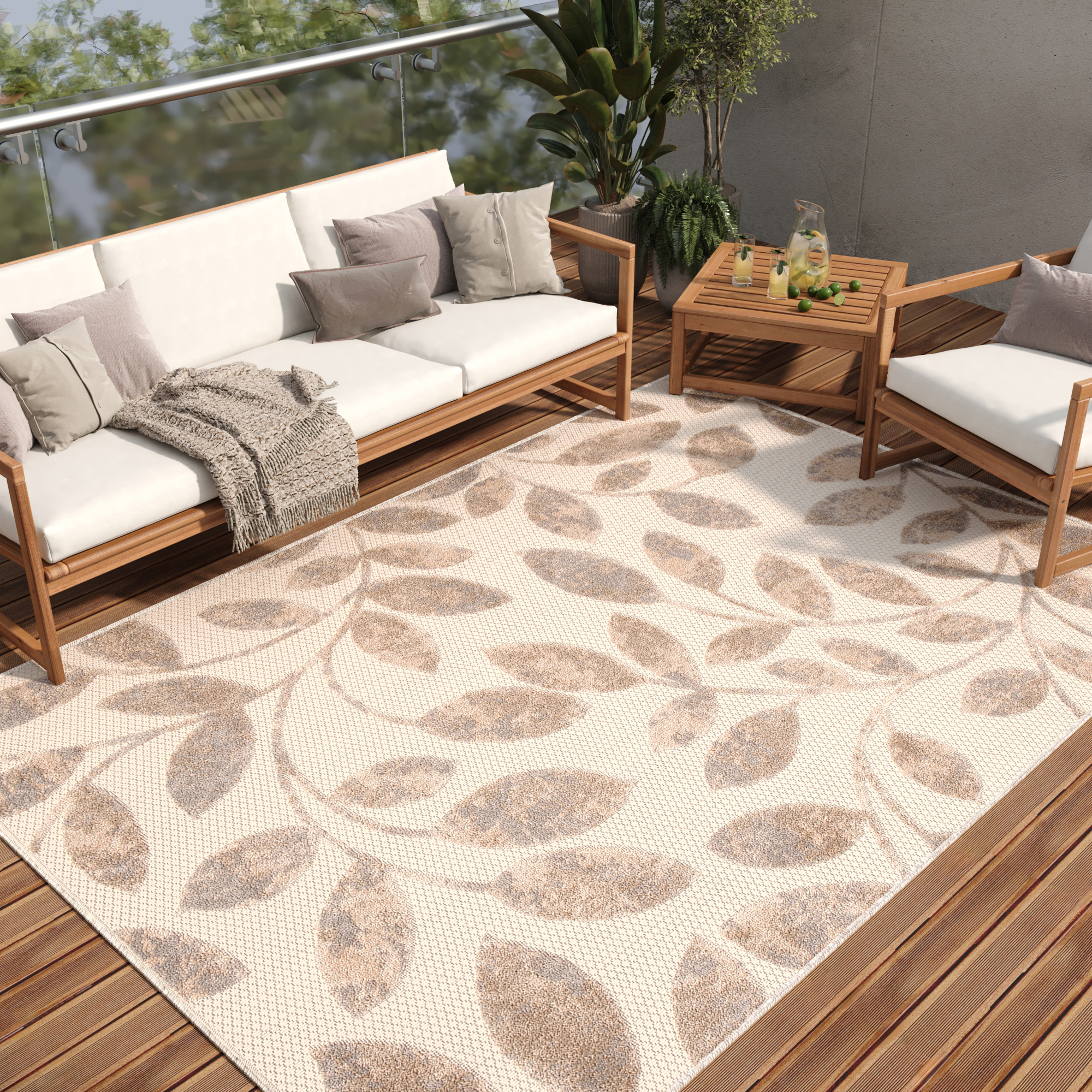 Tappeto Esterno Patio Crema Beige Foglie