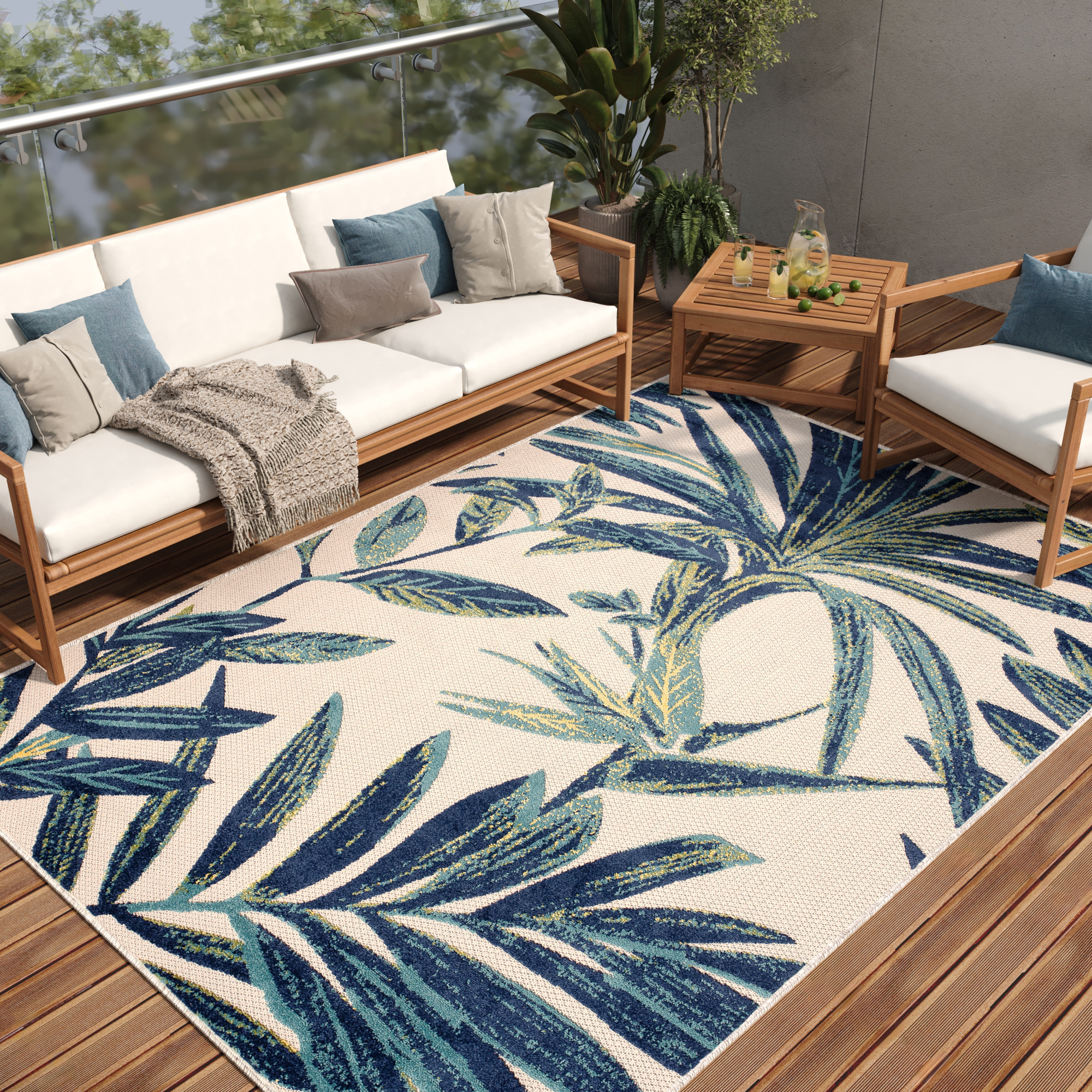 Tappeto Esterno Patio Crema Blu Foglie