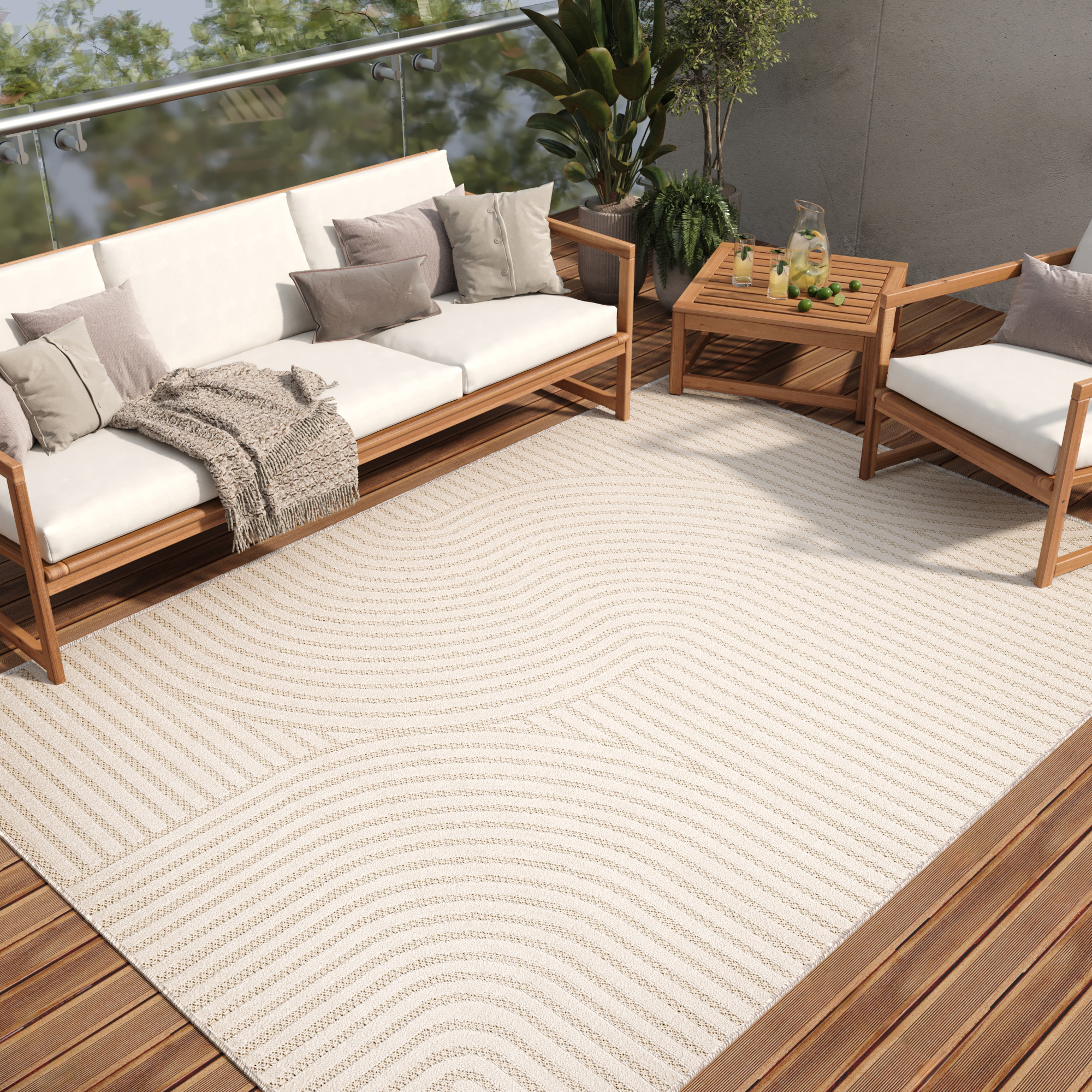 Tappeto Esterno Patio Crema Linee