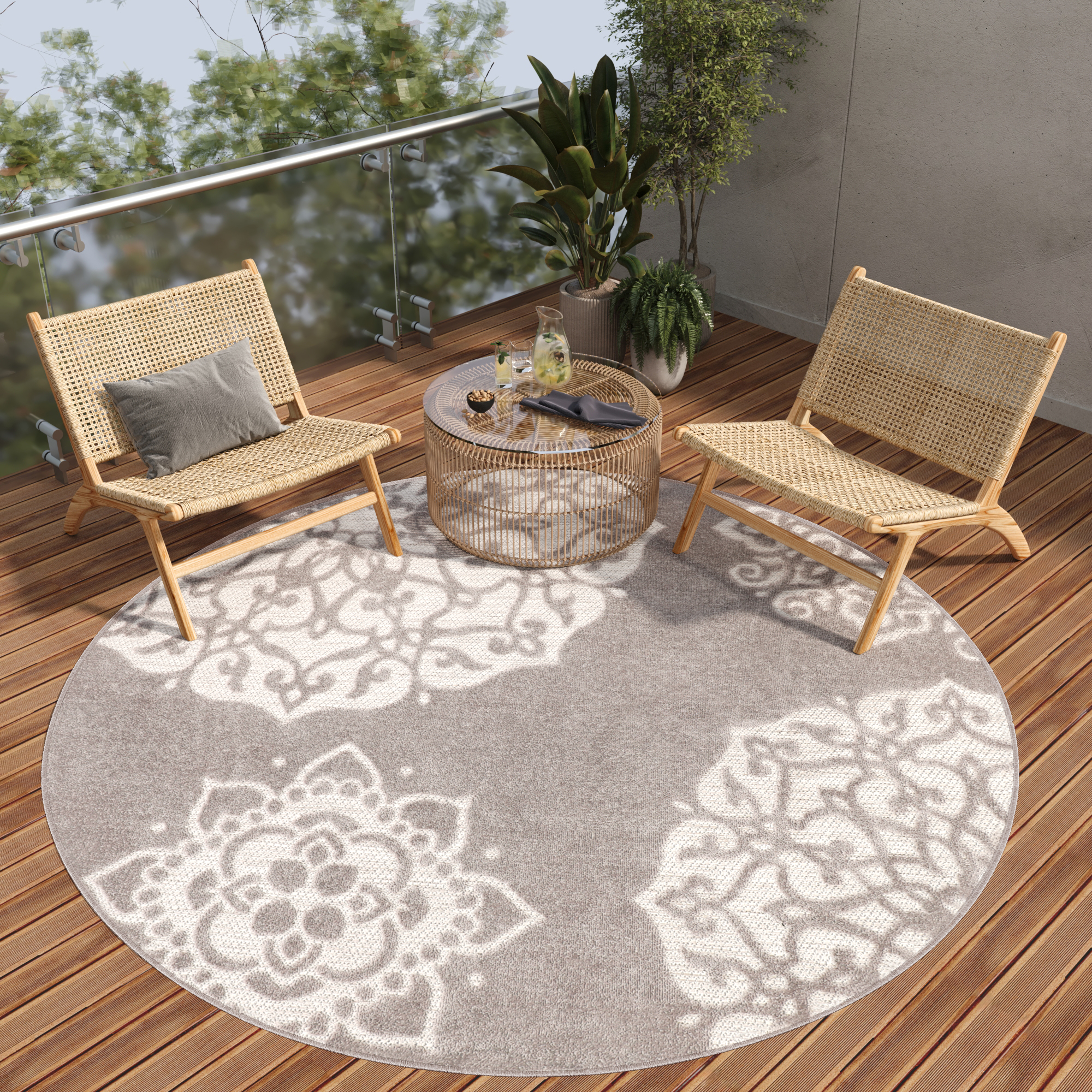Tappeto Esterno Patio Rotondo Grigio Ornamenti