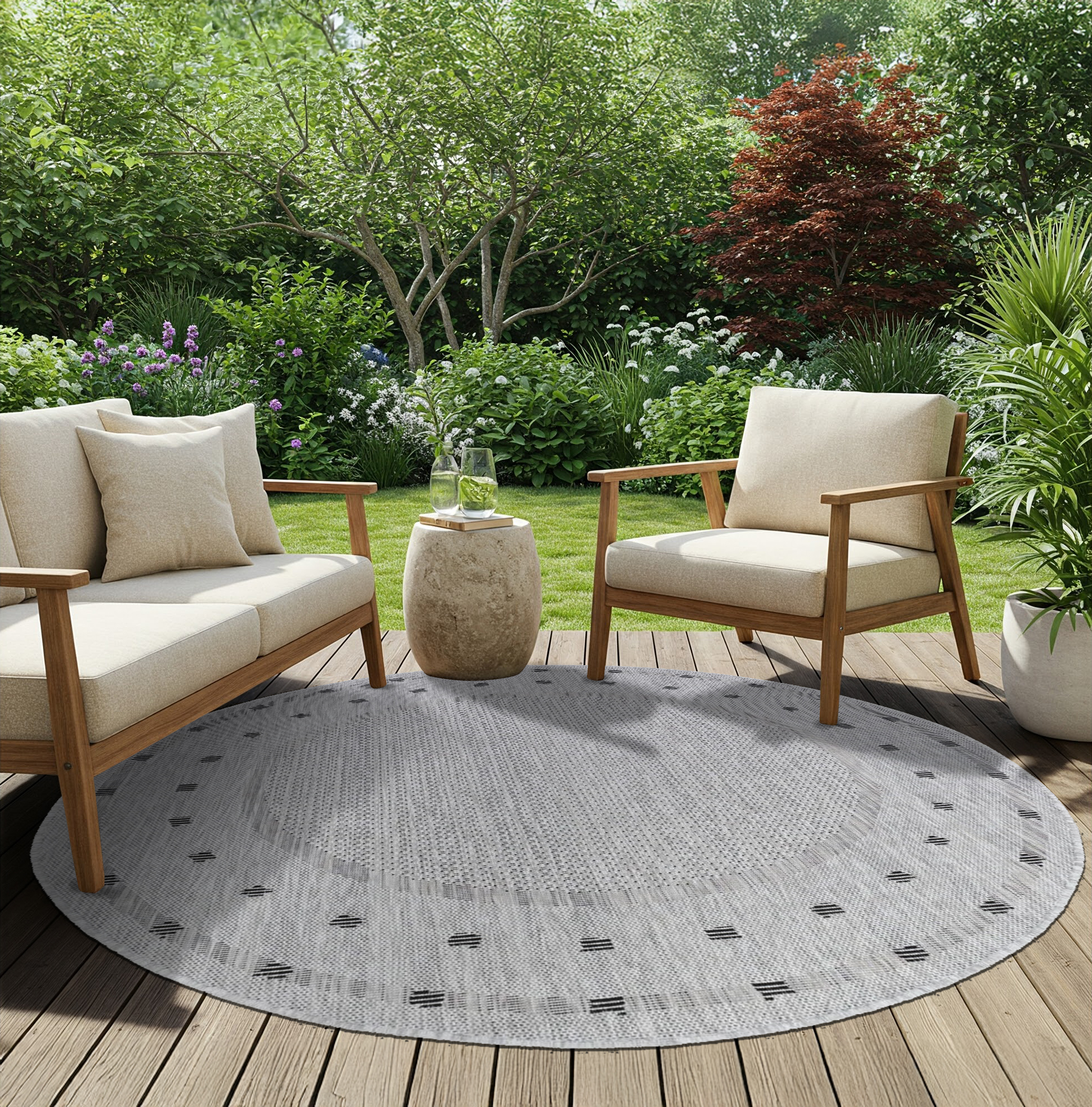 Tappeto Melissa Rotondo Grigio Cornice Indoor Outdoor