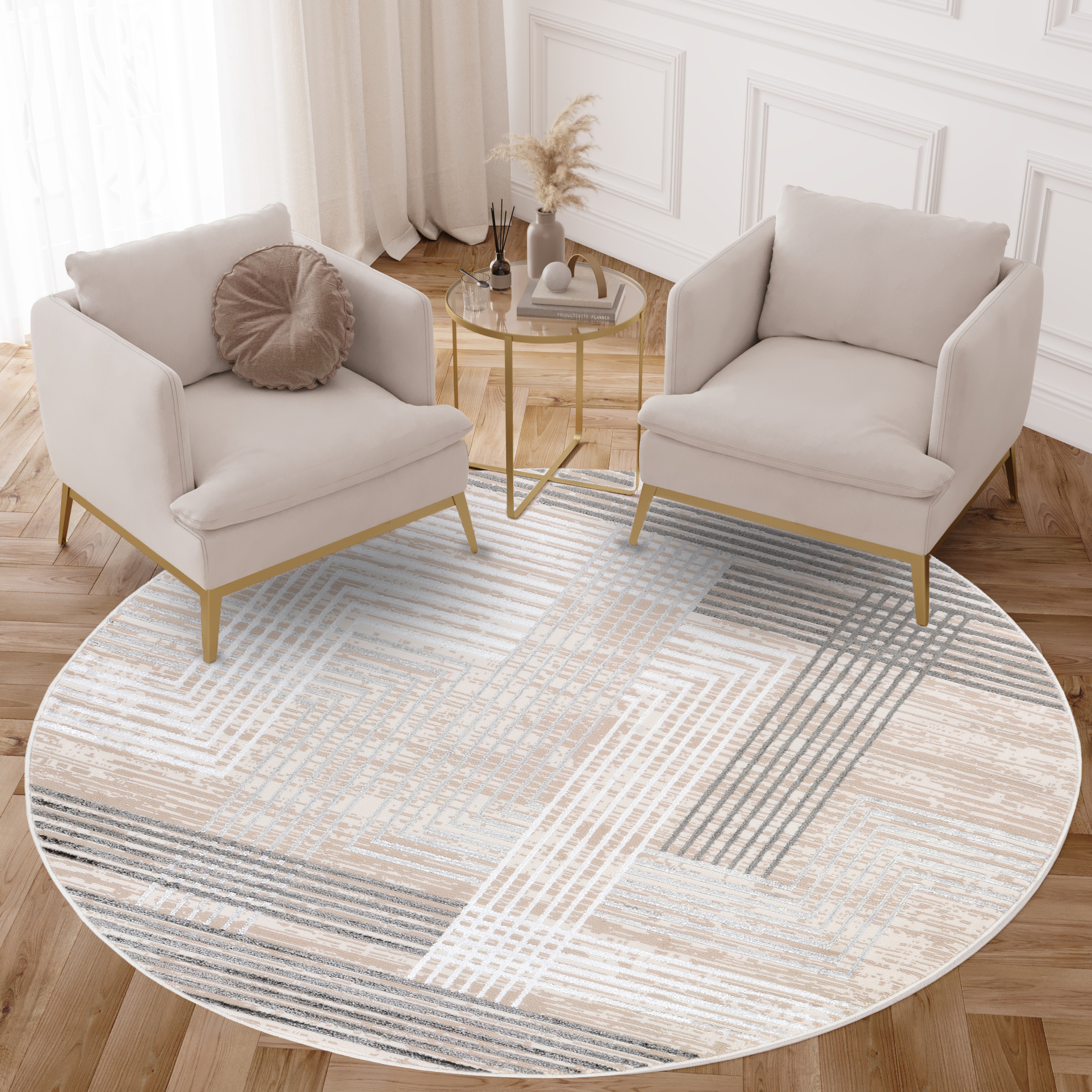 Tappeto Crystal Rotondo Grigio Beige Crema Righe