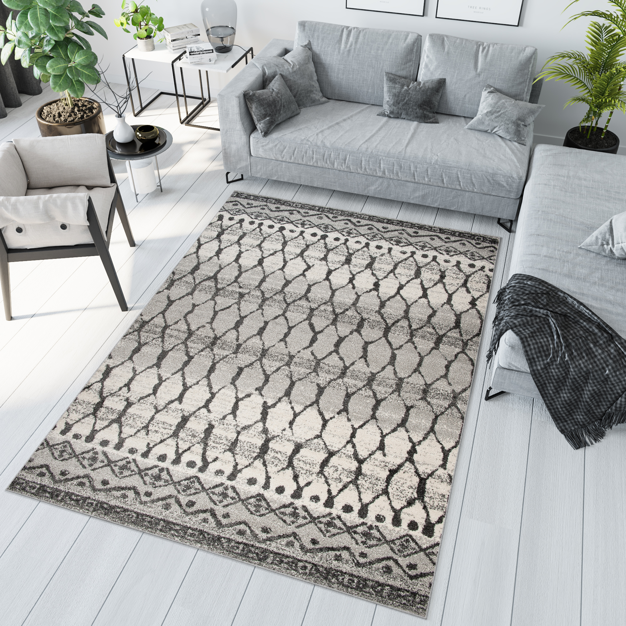 Tappeto Sari Moderno Grigio Ecrù Geometrico Rete