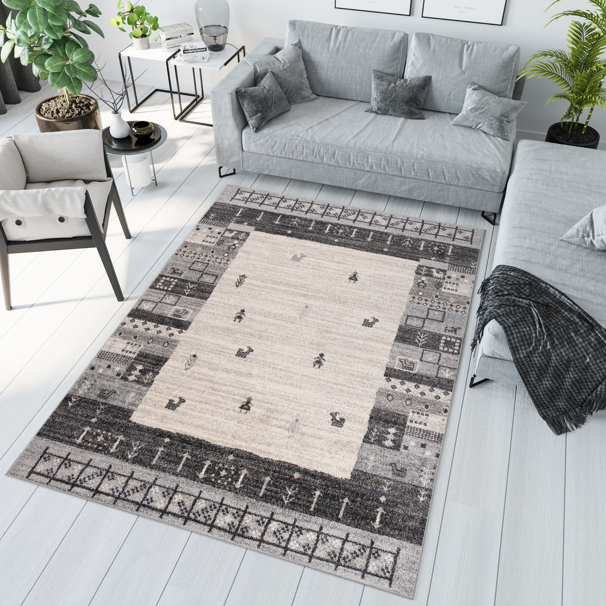 Tappeto Sari Moderno Etnico Grigio Crema Geometrico
