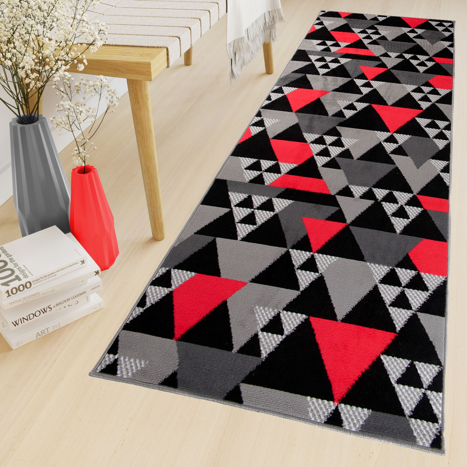Passatoia Maya Grigio Rosso Geometrico con Triangoli