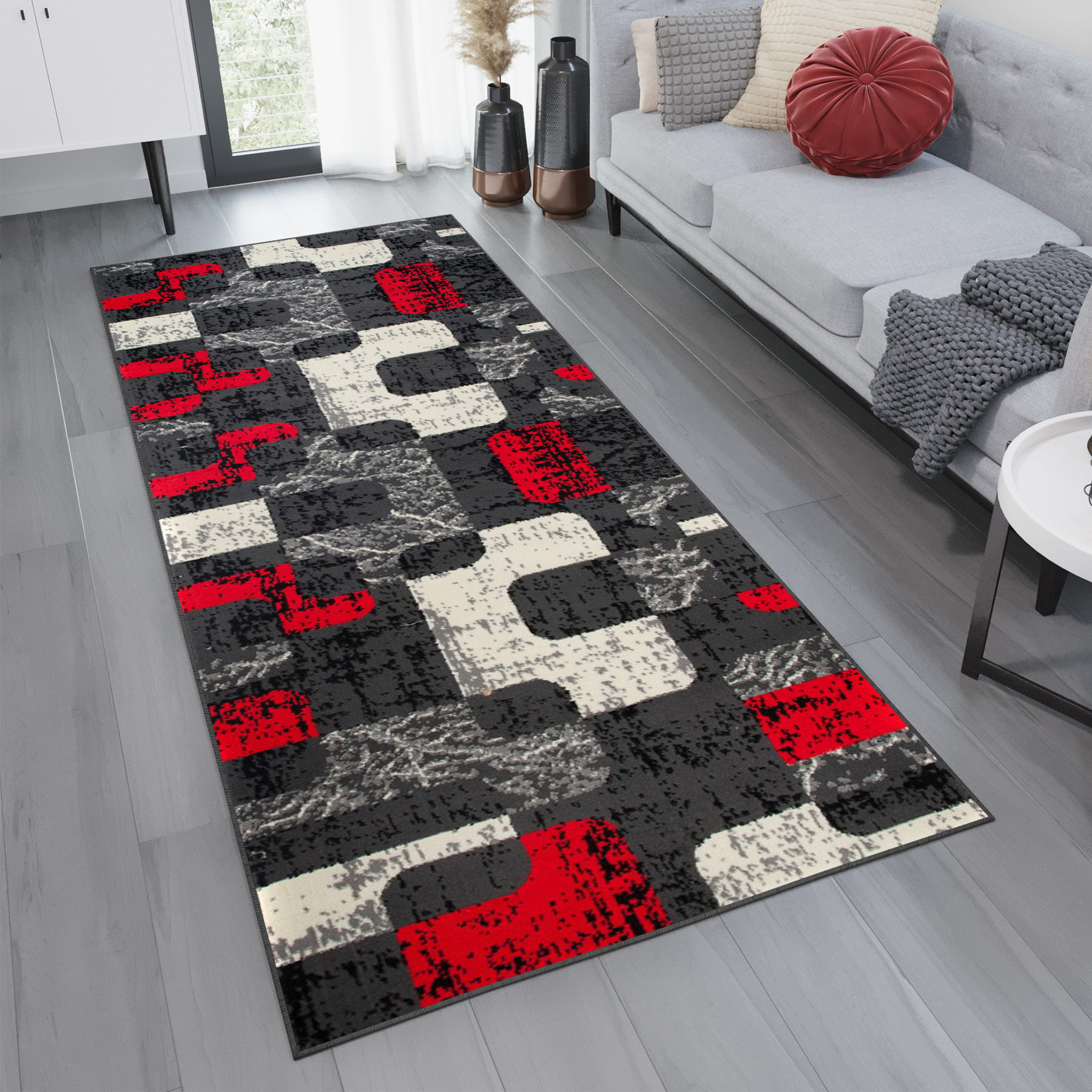 Passatoia Dream Grigio Bianco Rosso Figure Geometrico