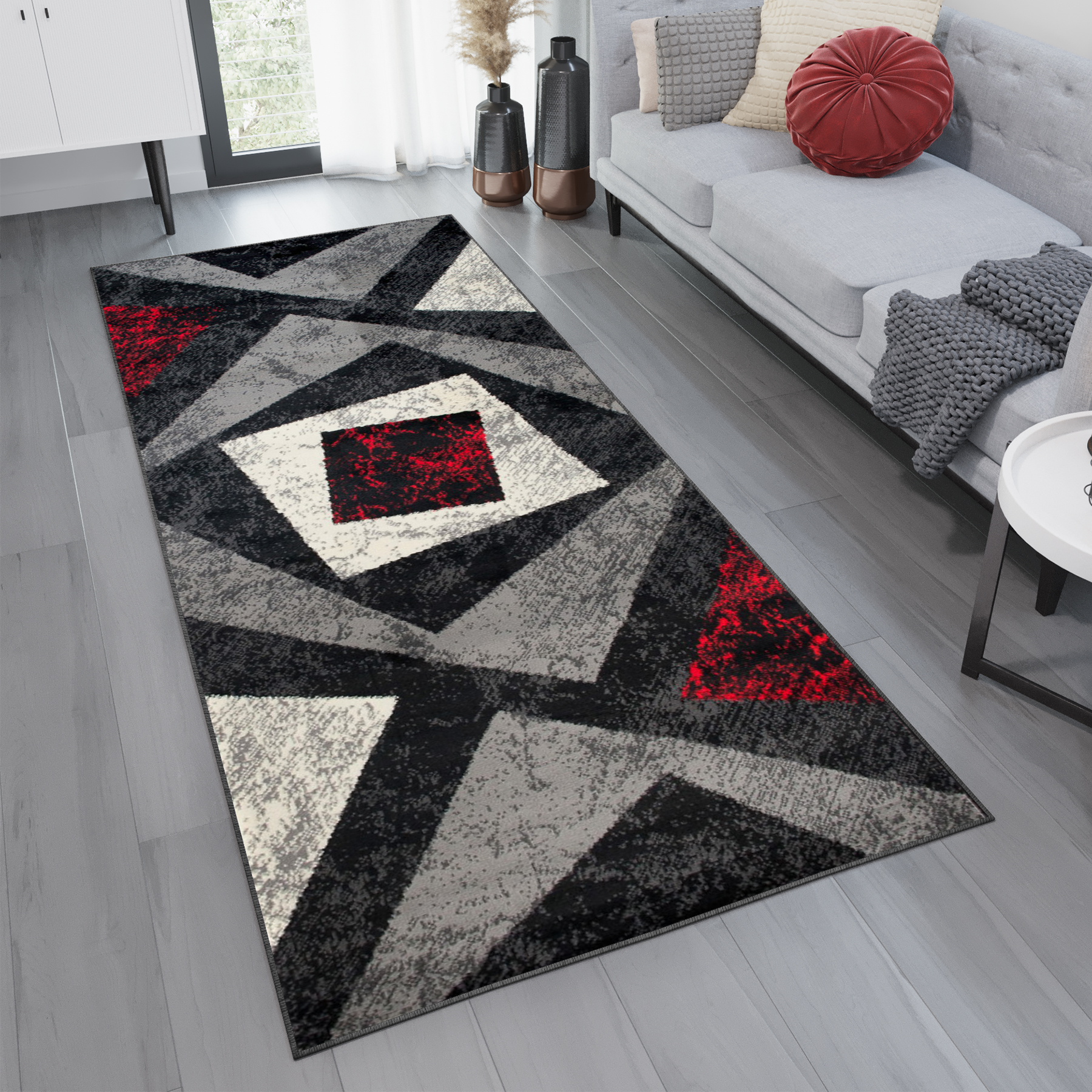 Passatoia Dream Geometrico Grigio Rosso Quadrati