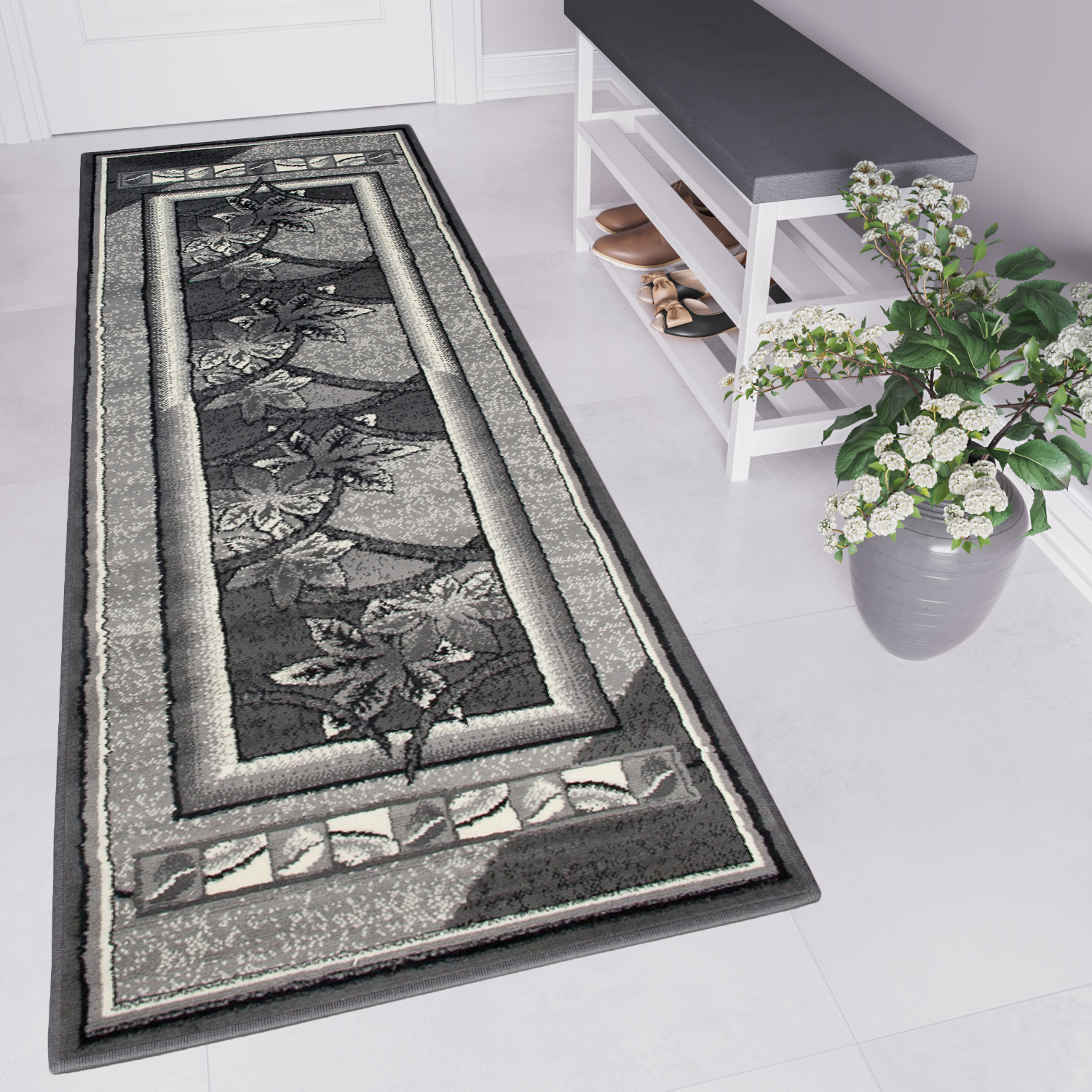 Passatoia Dream Grigio Geometrico Fiori Cornice
