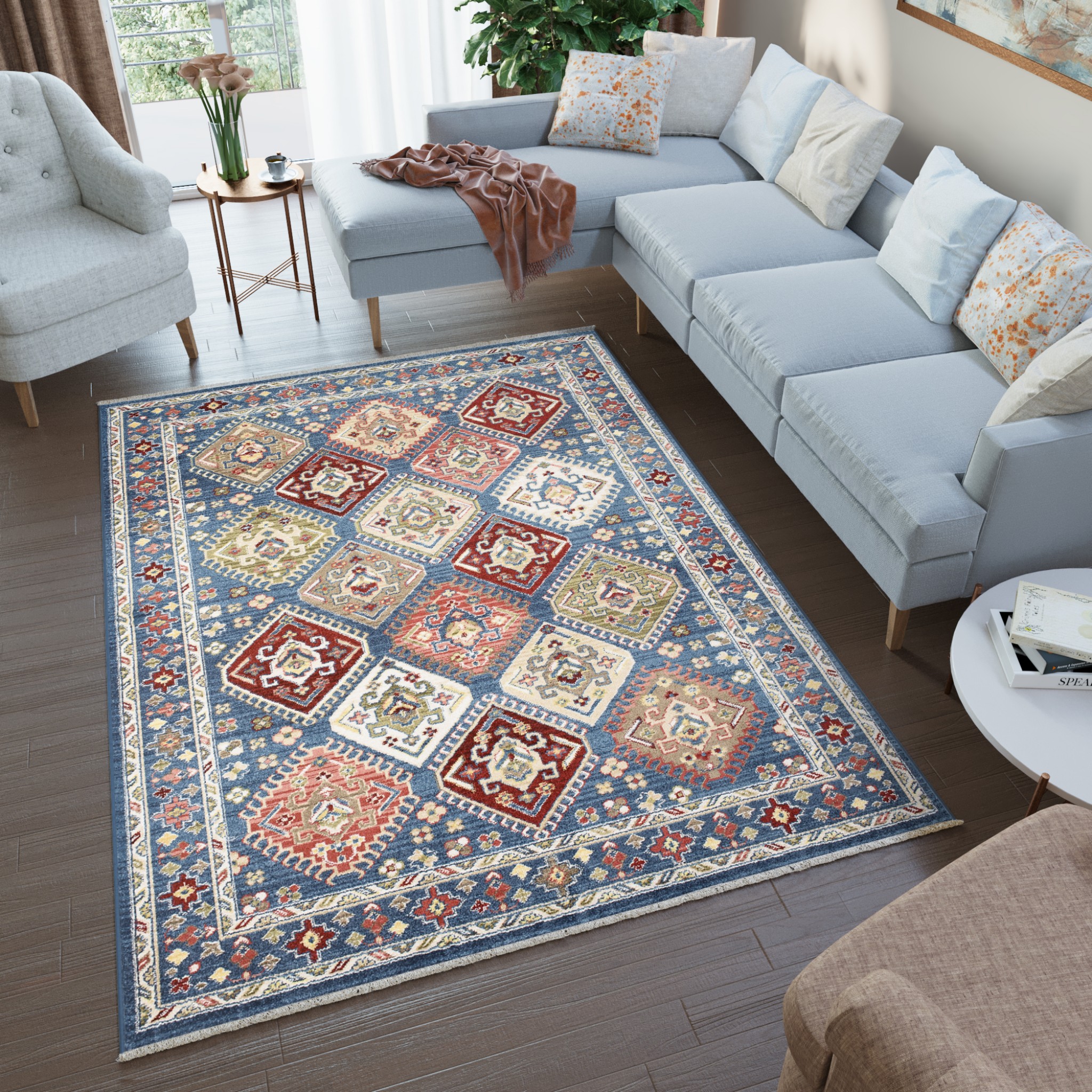 Tappeto Rivoli Blu Geometrico Ornamenti con Frange