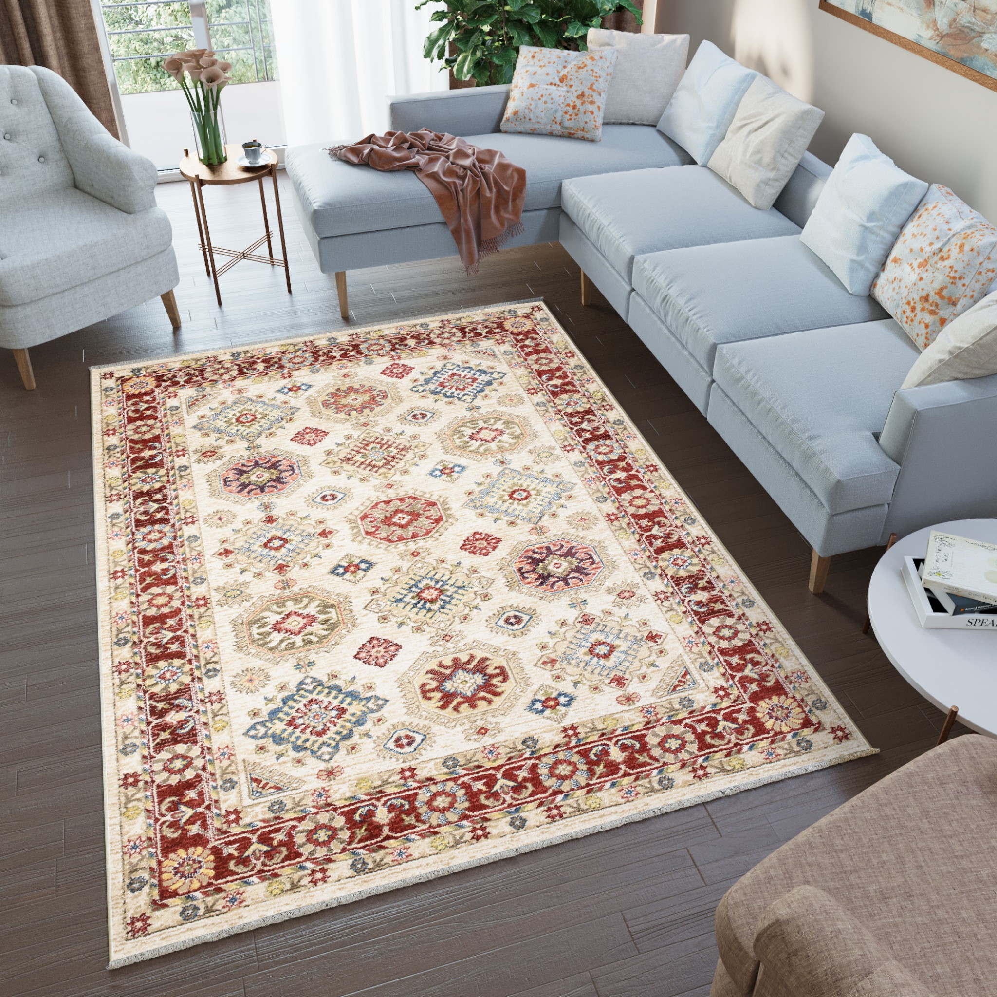 Tappeto Rivoli Classico Crema Geometrico con Frange