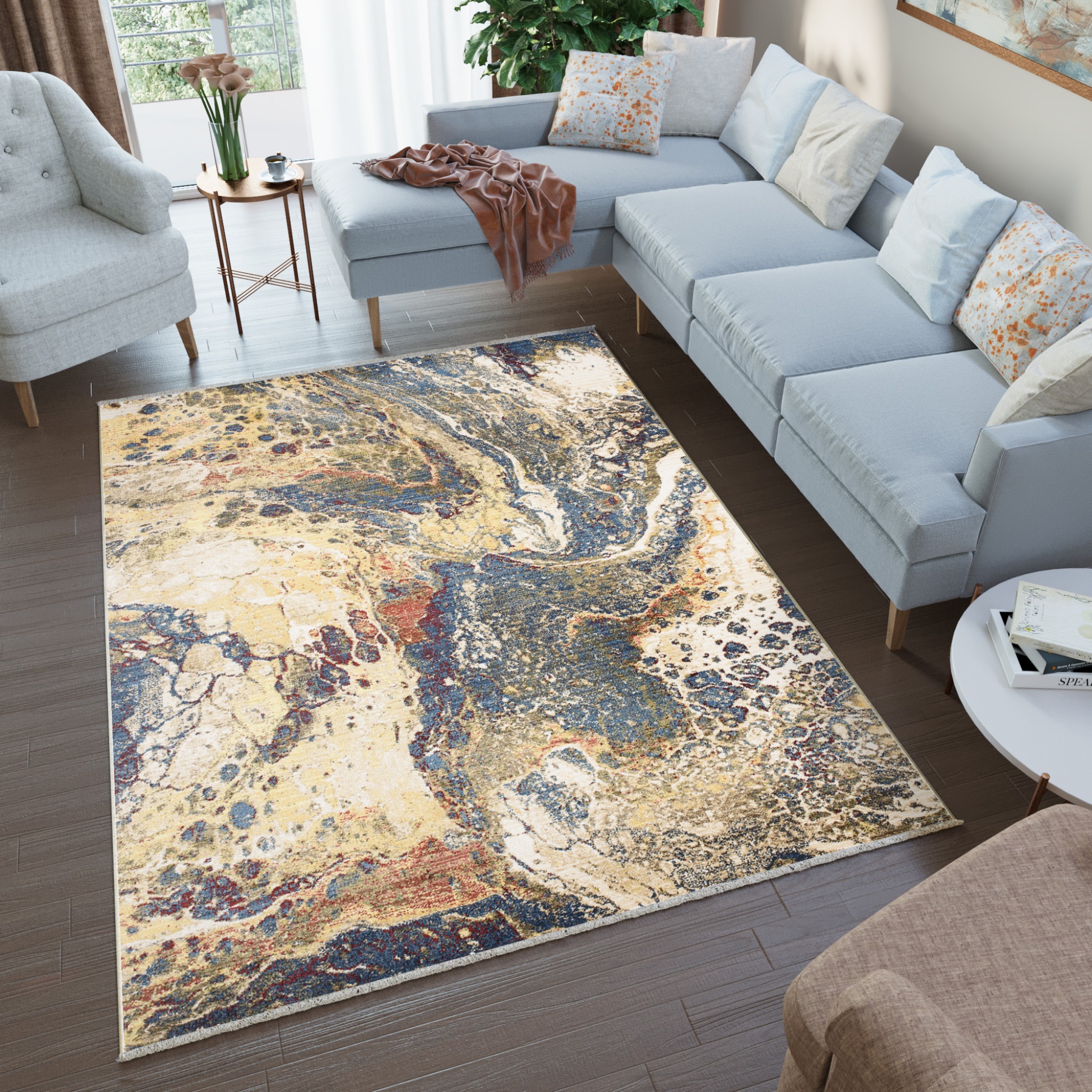 Tappeto Rivoli Astratto Beige Blu Onde con Frange