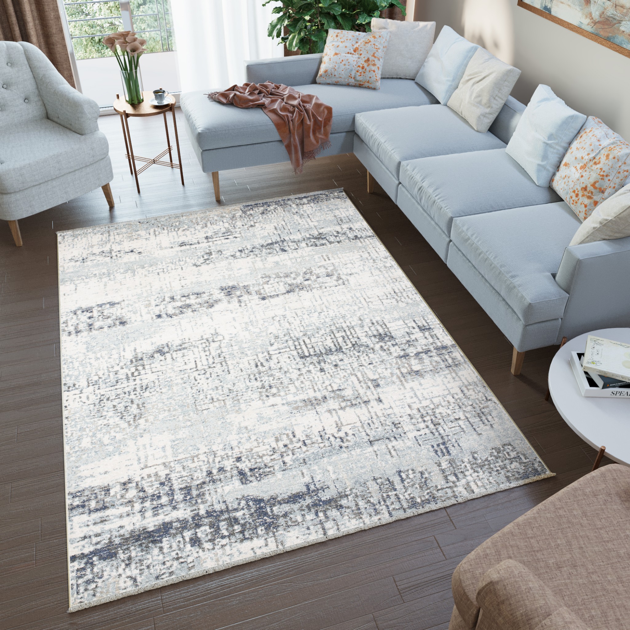 Tappeto Rivoli Sfumature Crema Blu con Frange