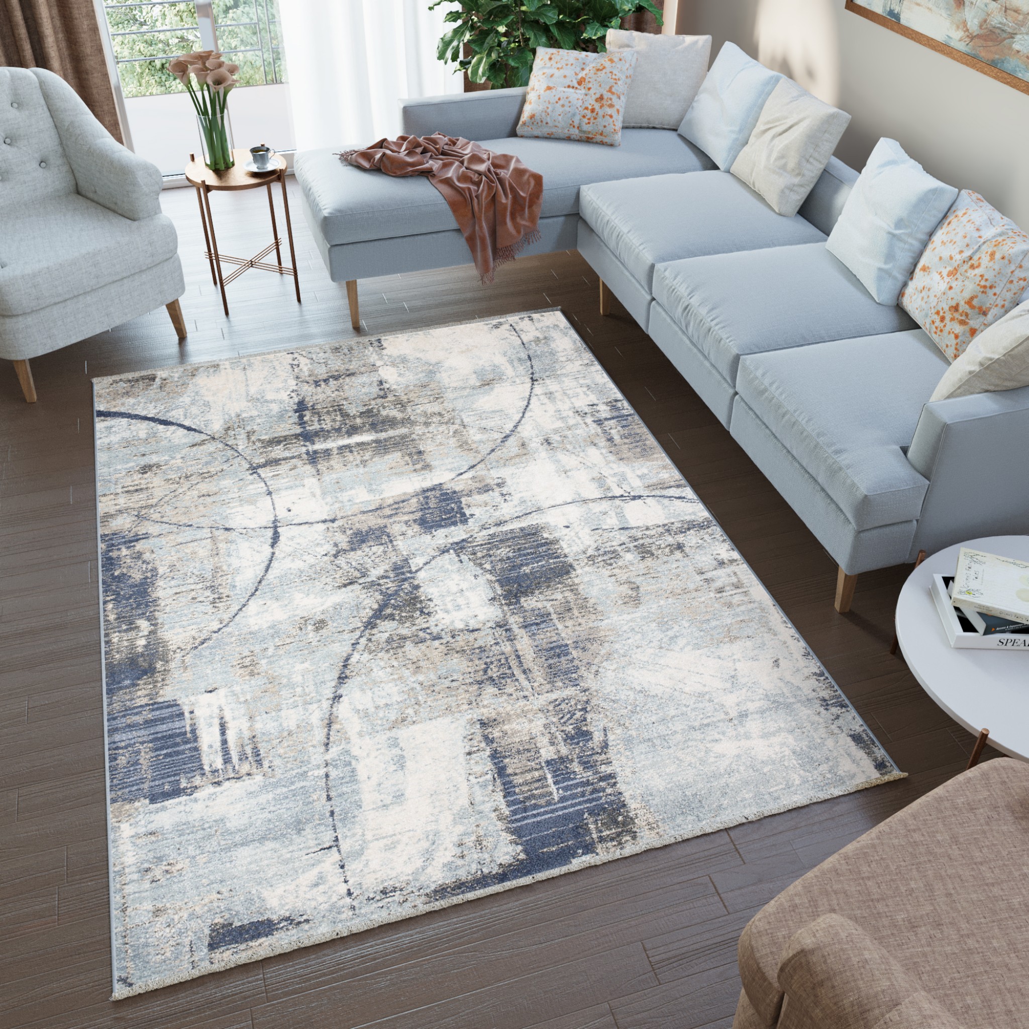 Tappeto Rivoli Blu Linee Astratto con Frange