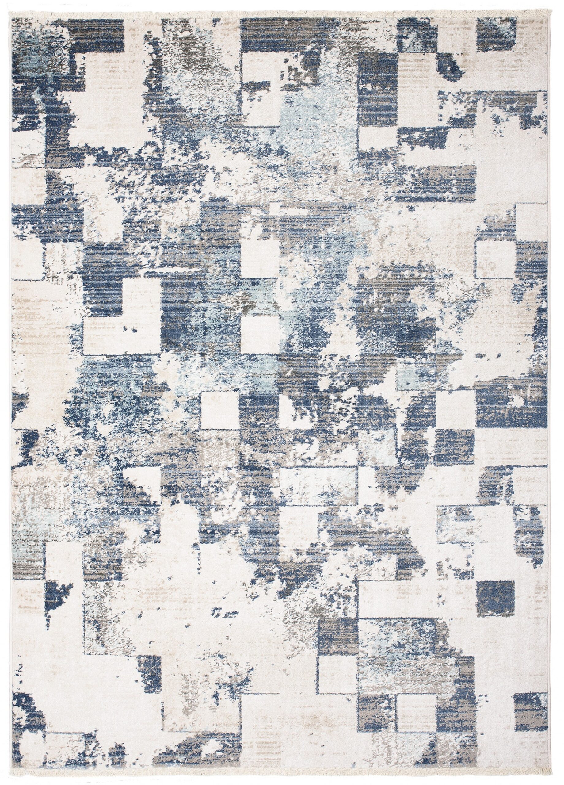 Tappeto Rivoli Crema Blu Quadratti Sfumature con Frange