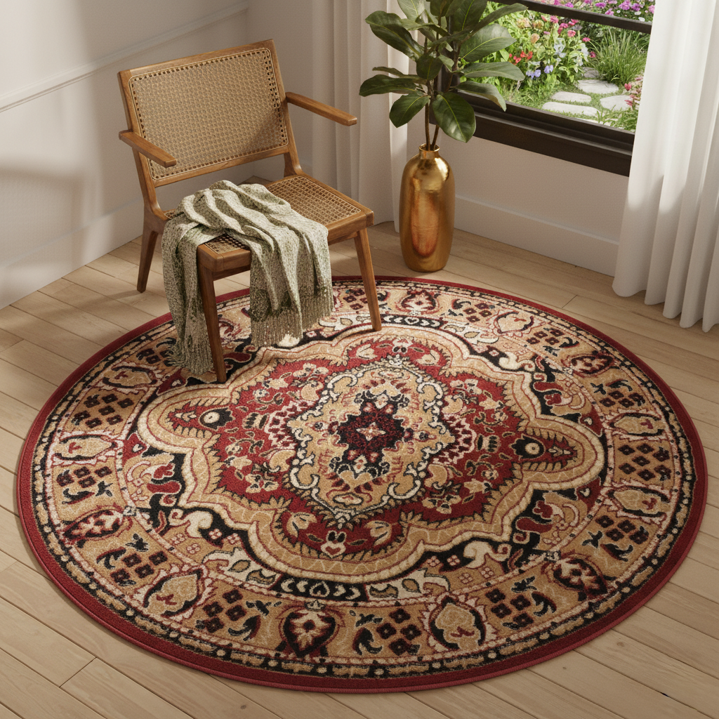 Tappeto Atlas Rotondo Rosso Beige Tradizionale Medaglione